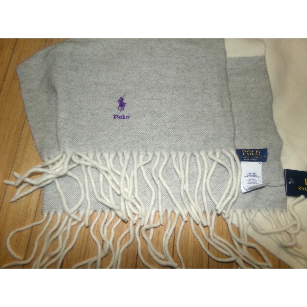 Polo Ralph Lauren Scarf Grey Cream Reversible Wool Fringed Purple Pony NWT
